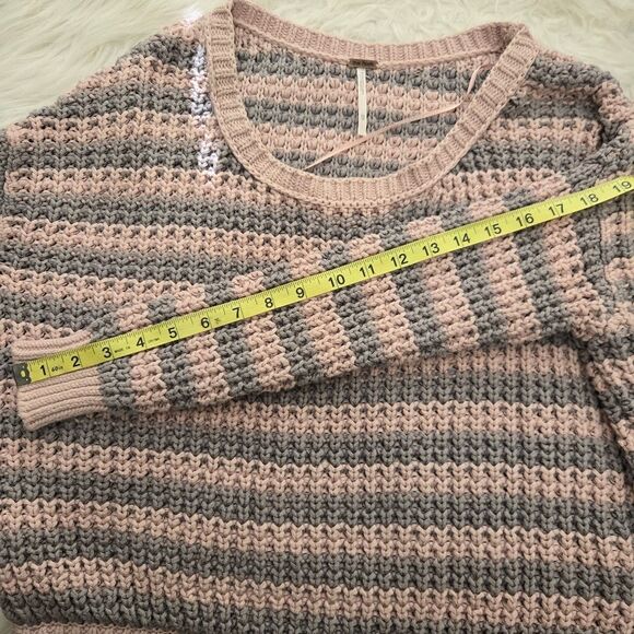 FREE PEOPLE Striped Oversized Chunky Cotton Knit Sweater Sz XS Pink Gray - Picture 12 of 12